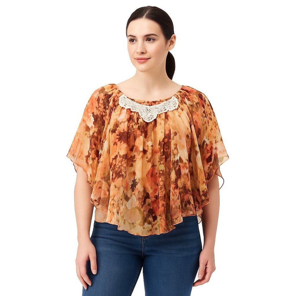 Womens Boho Floral Chiffon Poncho Top Size Medium Sheer Romantic Cottagecore